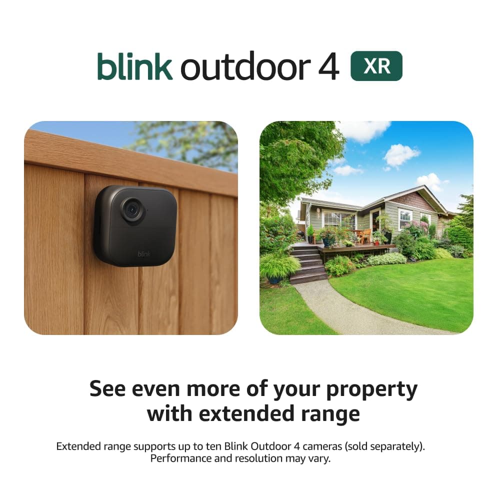 Blink Outdoor 4 XR: cámara inalámbrica con batería de dos años con cobertura de seguridad 4x, alcance al aire libre de 1000 pies o 400 pies con uso típico: sistema de 6 cámaras