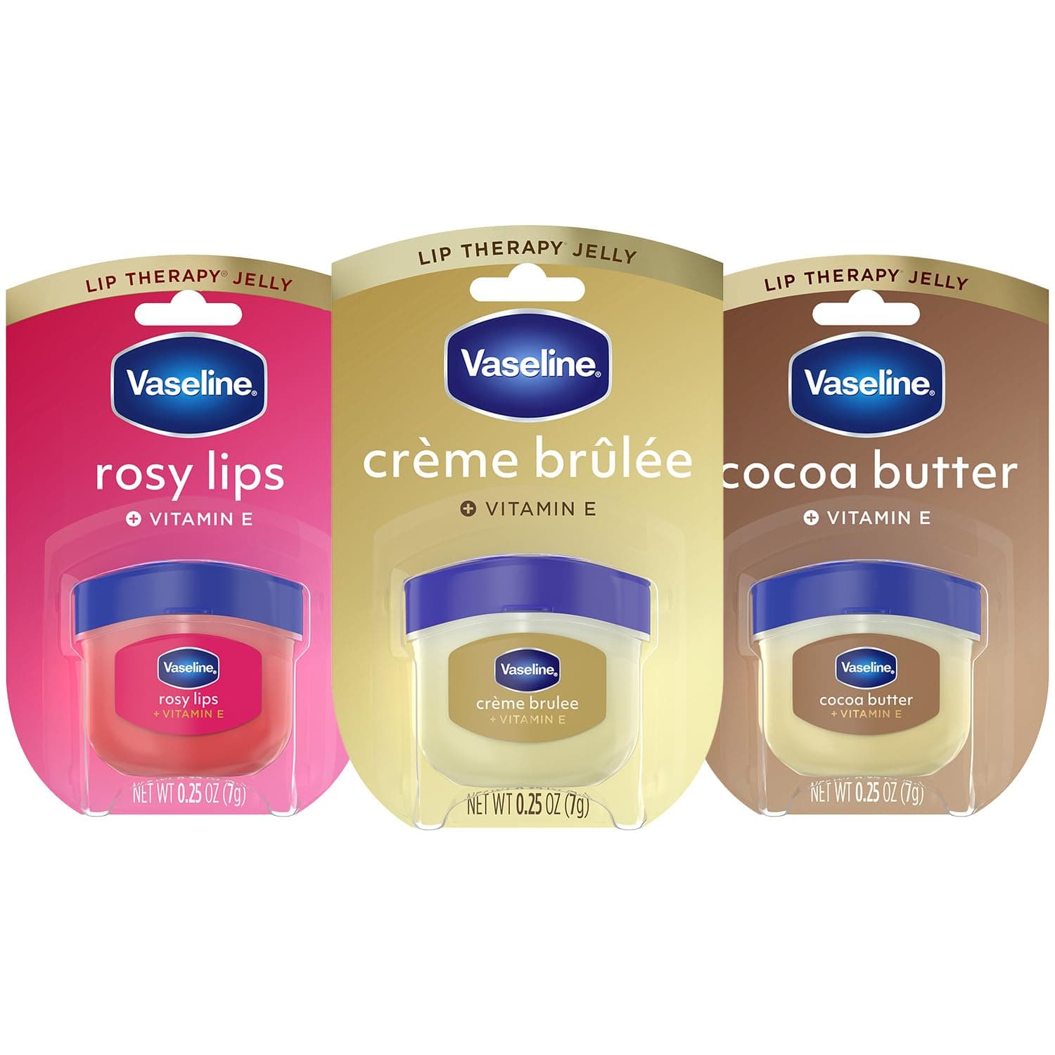 Vaseline Lip Therapy Variety 3-Pack, Mini Lip Balm Set, 0.25 Oz Ea | 3 Varieties (Crème Brûlée, Rosy Lips, Cocoa Butter) | Mini Lip Balms for Soft, Glowing & Deliciously Kissable Lips