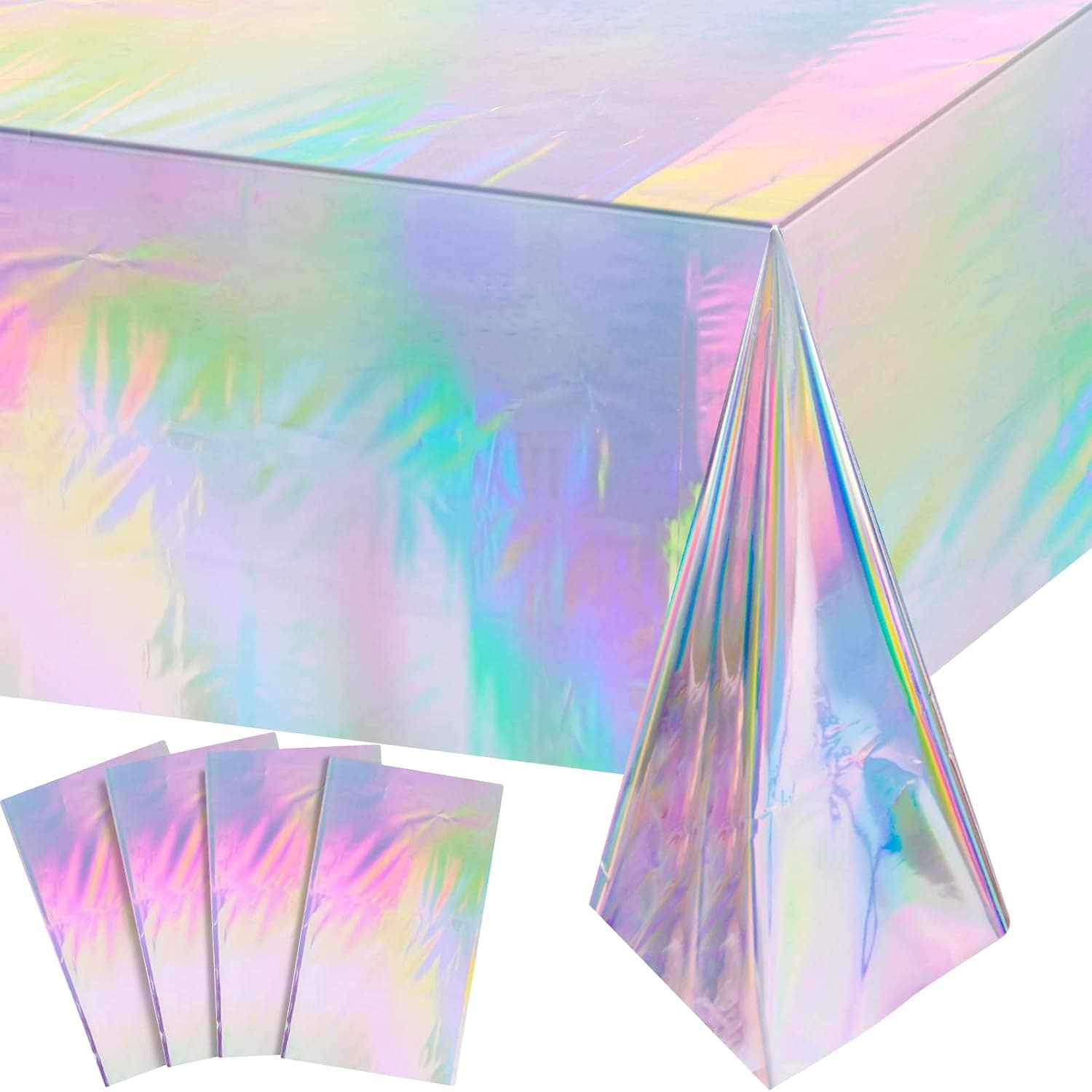 FunnyPars 4 Pack Iridescent Plastic Tablecloths, Disposable Table Covers | Shiny Laser Rectangle Holographic Foil Tablecloth for Iridescent Birthday Party Supplies Decorations