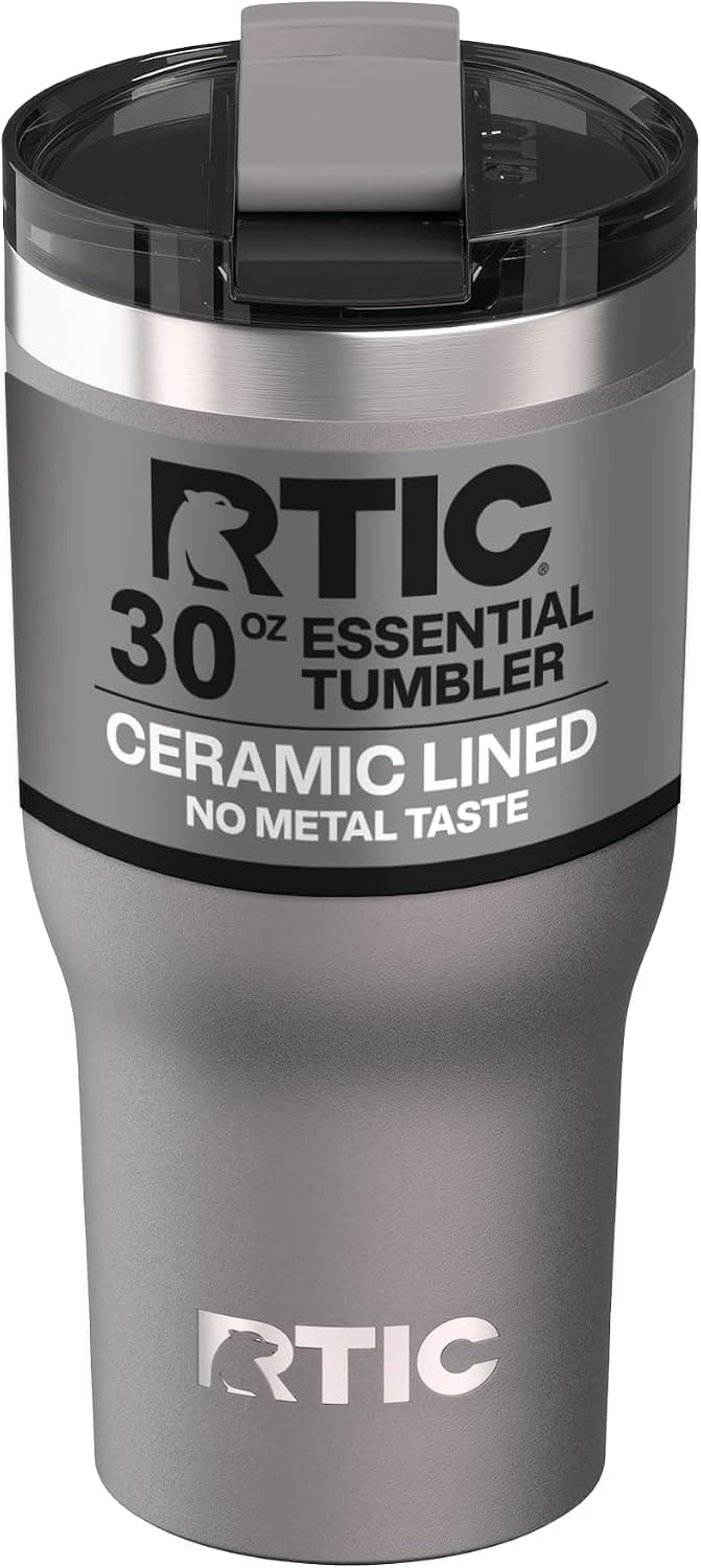 Vaso esencial RTIC de 30 oz con tapa, forrado de cerámica, grafito | Aislante, acero inoxidable metálico, taza de viaje portátil para bebidas frías y calientes, café, coche, camping y viajes