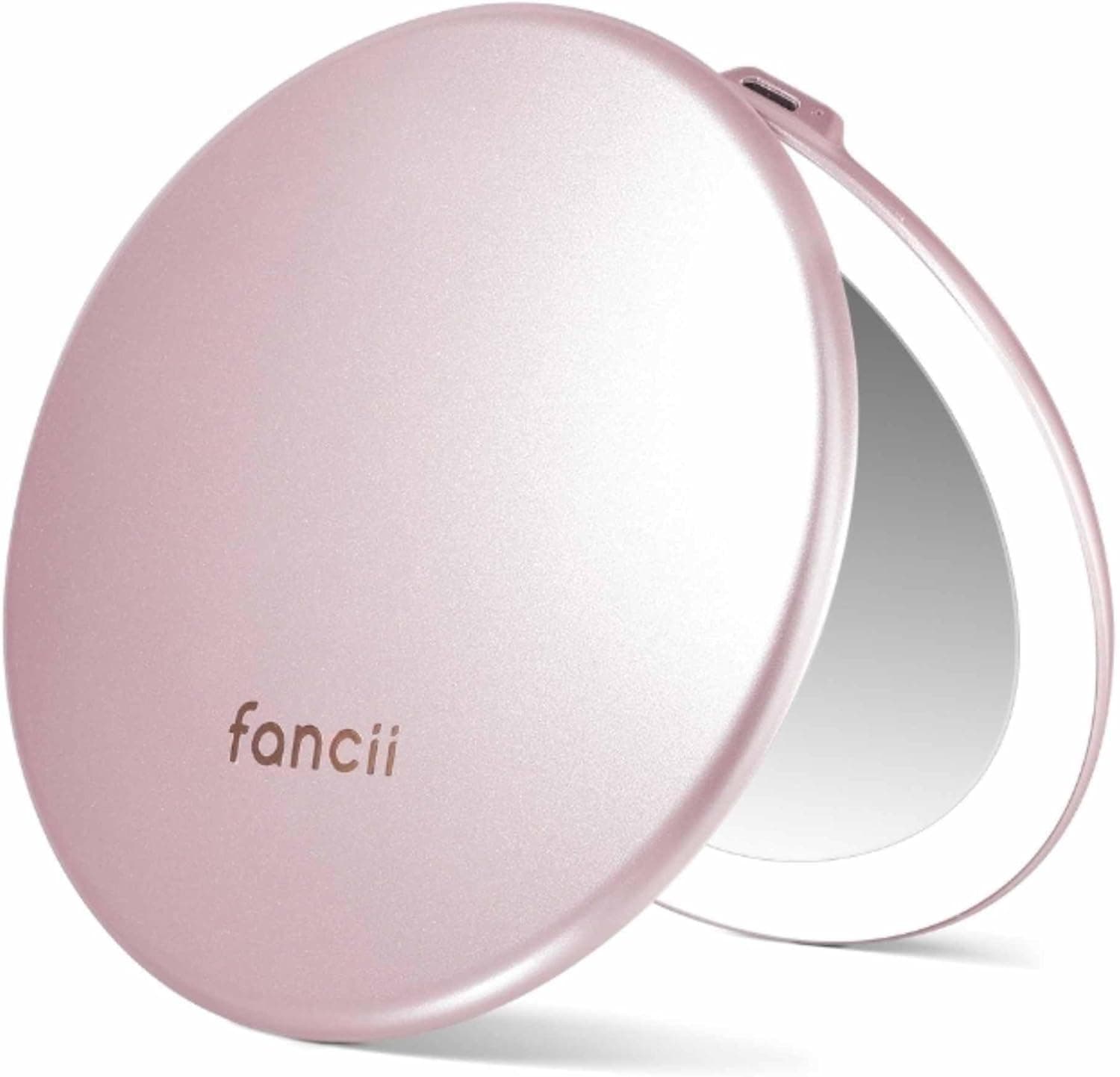 Fancii Taylor Espejo de maquillaje de viaje con luz LED, recargable con aumento de 10x/1x y 3 ajustes de luz, compacto, portátil, grande, espejo de mano de 5 pulgadas de ancho para bolsos y carteras (oro rosa)