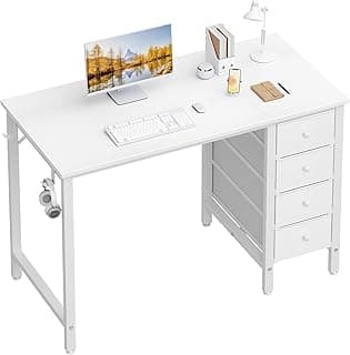 Lufeiya Pequeño escritorio blanco con cajones para dormitorio, escritorios de estudio de 40 pulgadas para niños y niñas, mesa reversible para escribir en computadora con cajón de tela para espacios pequeños, manicura en casa y oficina