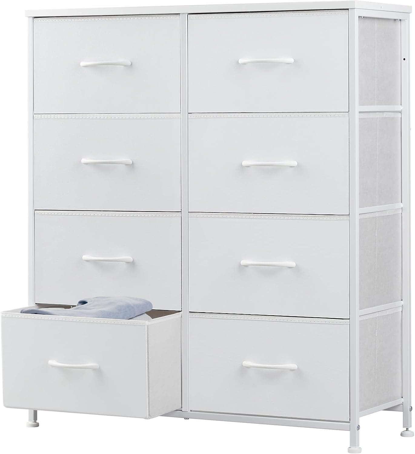 DUMOS Cómoda para dormitorio con 8 cajones de tela, cómoda alta para ropa, armario, habitación de niños, torre de almacenamiento con gabinete, estructura de metal, tapa de madera, muebles ligeros para guardería, color blanco