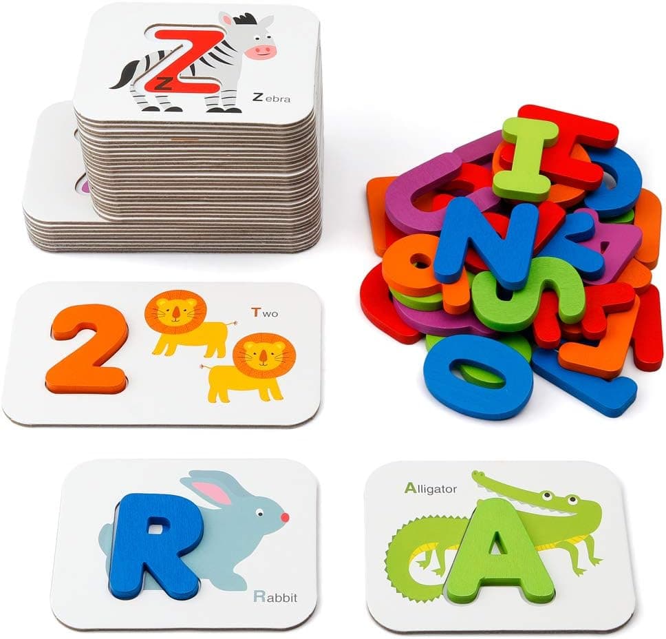 Coogam Juego de tarjetas flash de números y alfabetos, letras y números de madera ABC, tablero con patrón de animales, juego de rompecabezas Montessori, juguetes educativos de aprendizaje, regalo para niños preescolares de 3, 4 y 5 años