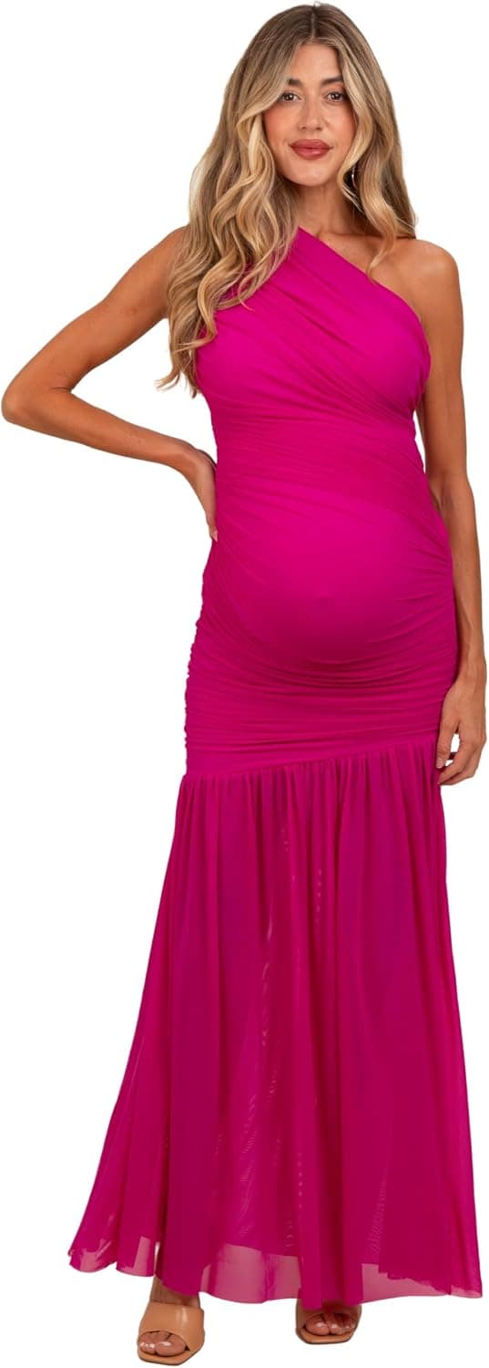 PinkBlush Ruched Mesh One Shoulder Maternity Maxi Dress