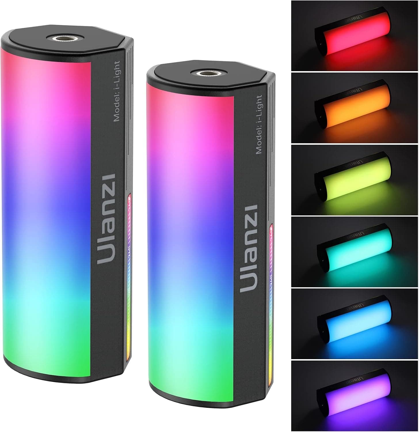 ULANZI Paquete de 2 varitas de luz de mano, luz de vídeo LED RGB de 360° para fotografía, barra de luz recargable de 2000 mAh para grabación de vídeo, luz de cámara regulable de 2500-9000 K con LCD, soporte de atracción magnética
