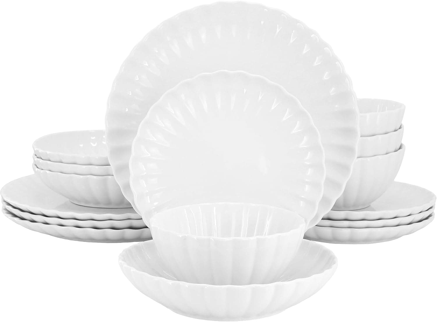Elama Jane Juego de vajilla de porcelana blanca festoneada de 16 piezas, vajilla, cuencos y platos (Jane)