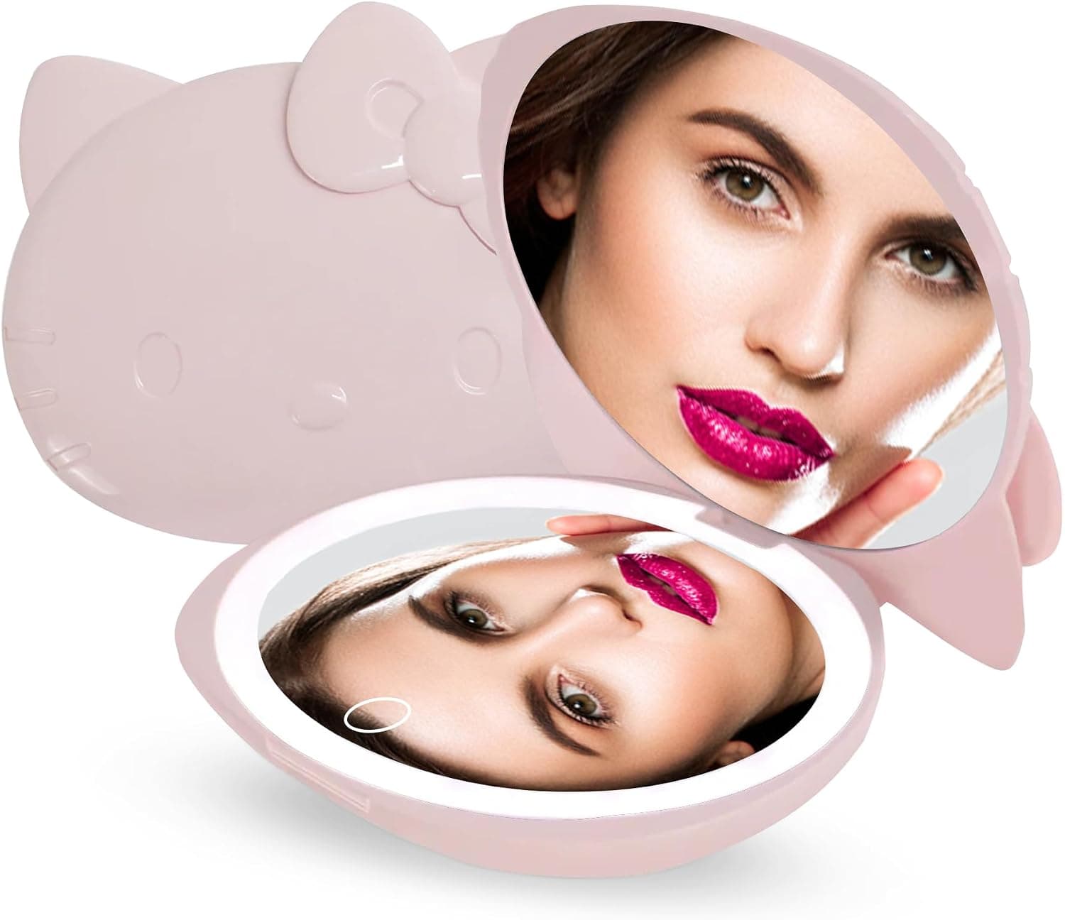 Impressions Vanity Hello Kitty Kawaii Espejo compacto con interruptor de sensor táctil para brillo ajustable, espejo de maquillaje iluminado con luces LED y espejo de aumento 2X (rosa mate)