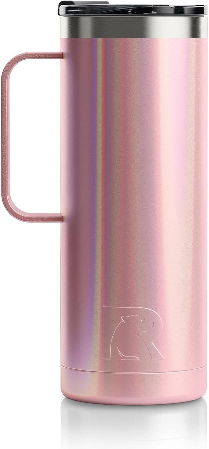 RTIC Taza de viaje de 20 onzas, taza de café aislada de acero inoxidable con tapa y asa, portátil para coche, camping, bebidas frías y calientes, purpurina rosa polvorienta