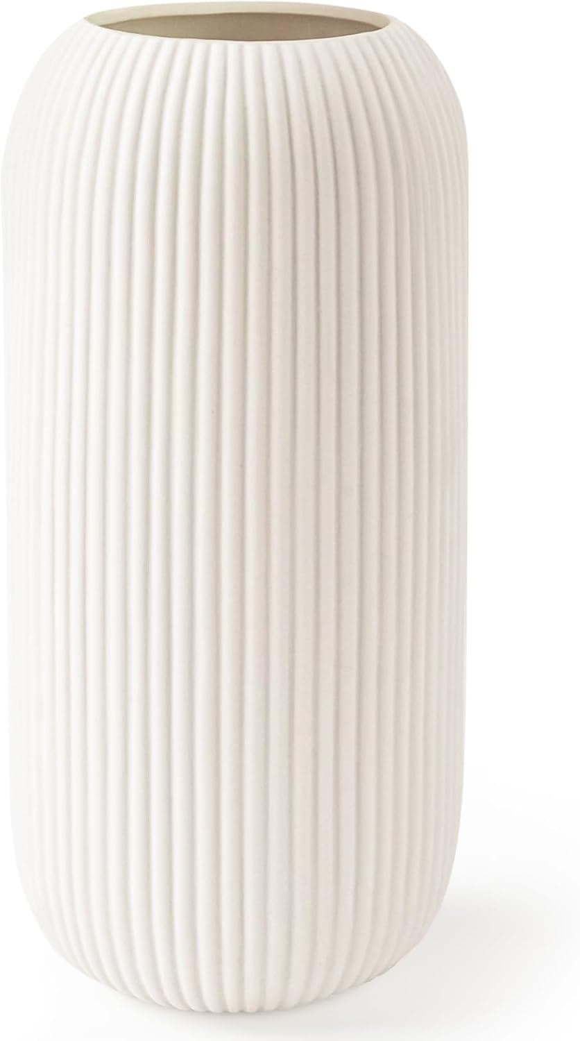 Jarrón de cerámica para flores – Florero moderno pequeño con textura acanalada para decoración del hogar, hierba de pampa, decoración, granja, mesa de café, centros de mesa de cocina, estantería y vida en el hogar (blanco)