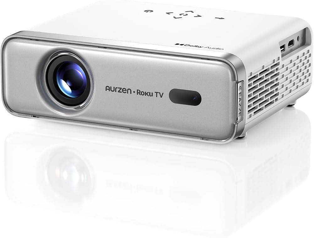 Proyector inteligente Roku TV con Wifi y Bluetooth, experiencia de transmisión Roku incorporada, 1080P FHD, Dolby Audio, enfoque automático y Keystone, zoom, mini proyector portátil para exteriores de películas, plateado
