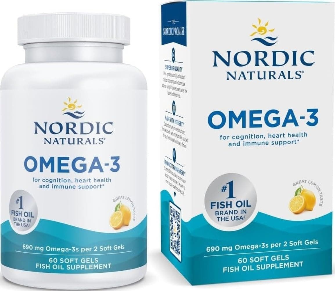 Nordic Naturals Omega-3, 690 mg de aceite de pescado, EPA y DHA, limón, 60 unidades | El aceite de pescado Omega-3 de 690 mg de EPA y DHA respalda la salud inmunológica, cerebral y cardíaca. Sin OGM, sabor a limón, sin eructos. 30 porciones.