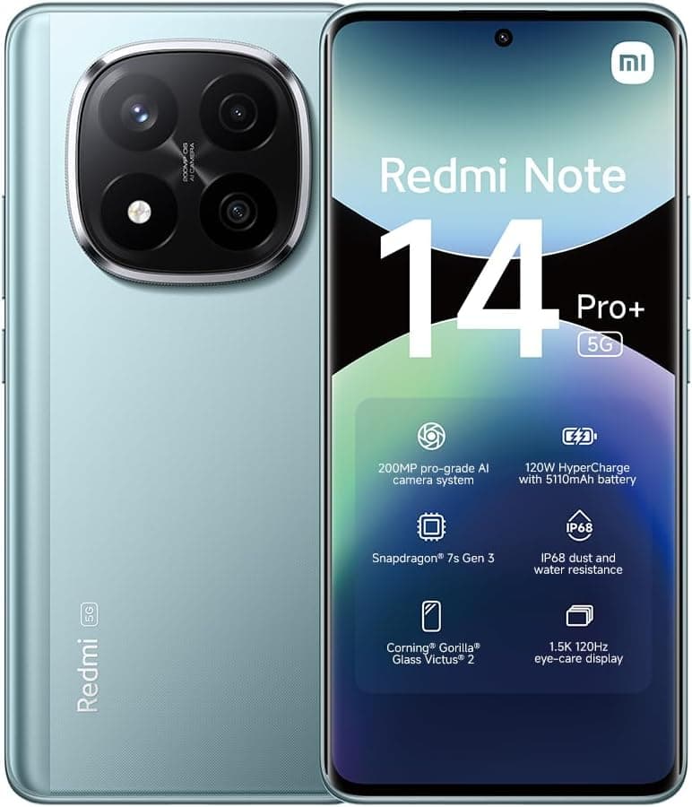 XIAOMI Redmi Note 14 Pro+ Plus 5G + 4G LTE (para Tmobile Mint Tello & Global) (512GB + 12GB) NFC 6.67" 120Hz 200MP Pro AI Cámara Modelo 24115RA8EG Desbloqueado Dual Sim (Frost Blue)