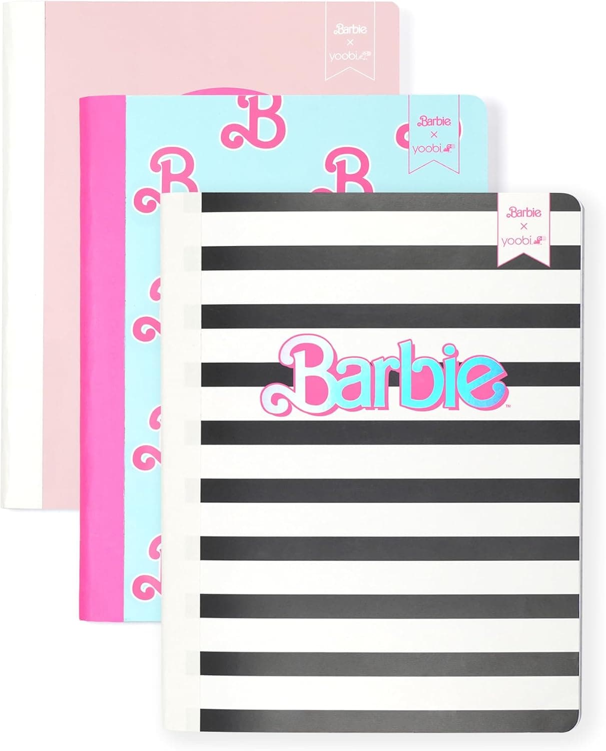 Cuadernos de composición con rayas universitarias Yoobi x Barbie, paquete de 3, 100 hojas | Hojas perforadas con 3 orificios, páginas perforadas, 100 a 150 hojas, paquete múltiple (paquete de 3 o 6), impresiones y diseños divertidos