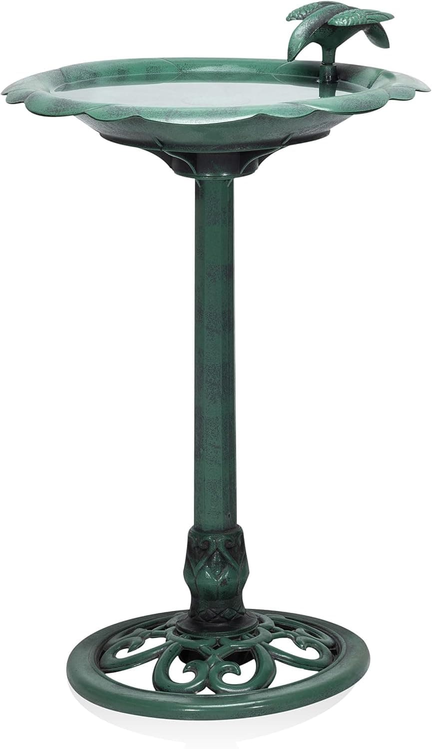 Alpine Corporation 31" Tall Outdoor Antique Flower Birdbath with Bird Decoration Yard Statue, Durable Polypropylene Construction for Patio, Deck, or Yard, Green