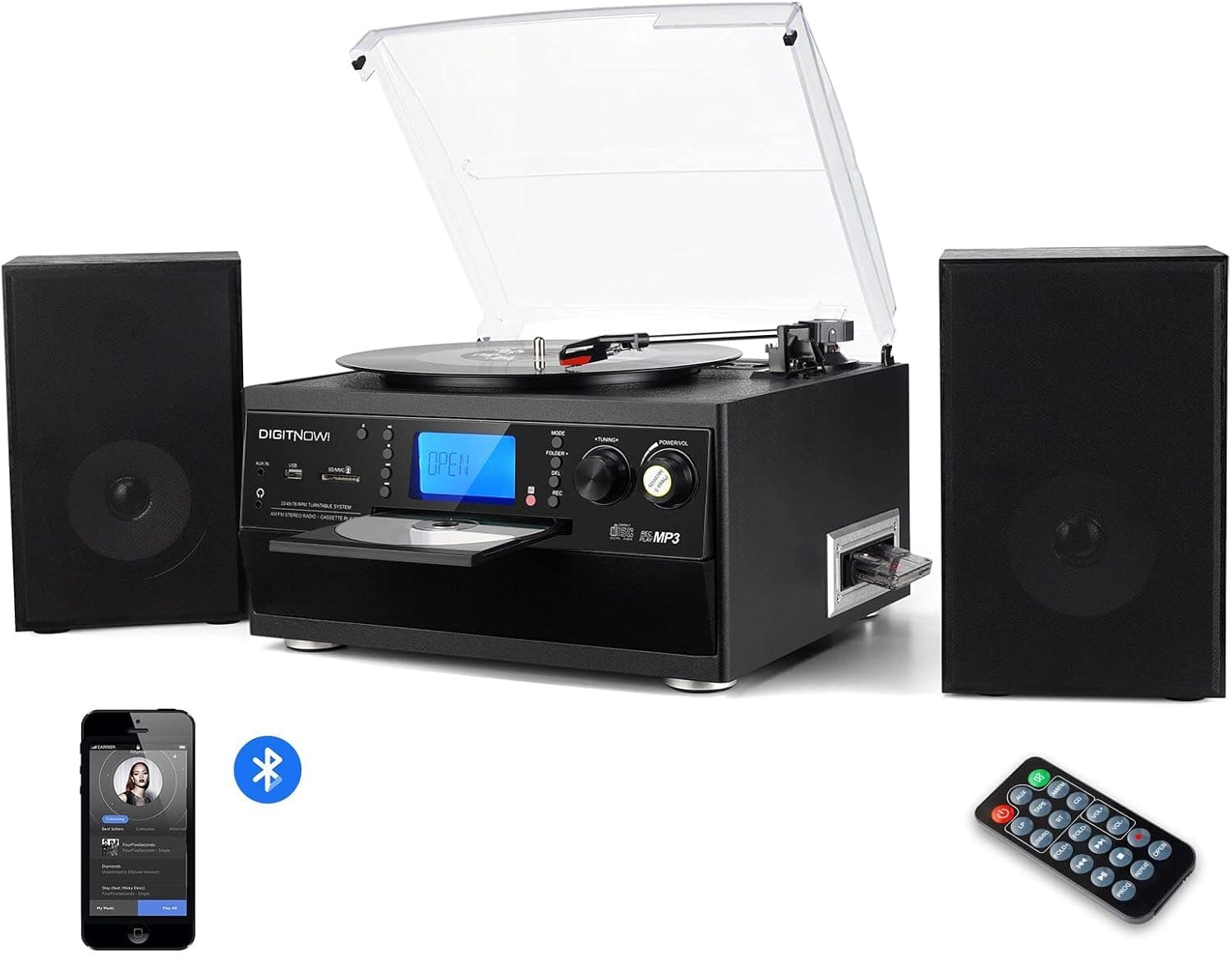 DIGITNOW Tocadiscos Bluetooth con altavoz estéreo, convertidor de vinilo LP a MP3 con CD, casete, radio, entrada auxiliar y codificación USB/SD, control remoto, reproductor de música de audio amplificador incorporado