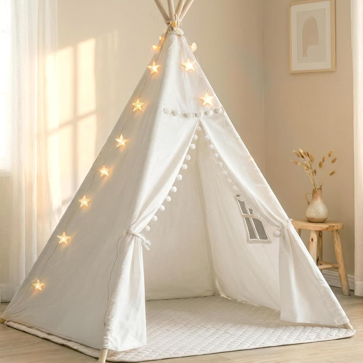 Little Dove Tienda tipi para niños con luces de estrellas, tapete y bolsa de transporte, tienda de juegos para niños de lona de algodón de primera calidad con postes de madera, fácil montaje, casa de juegos plegable para interiores y exteriores, regalo para niños y niñas
