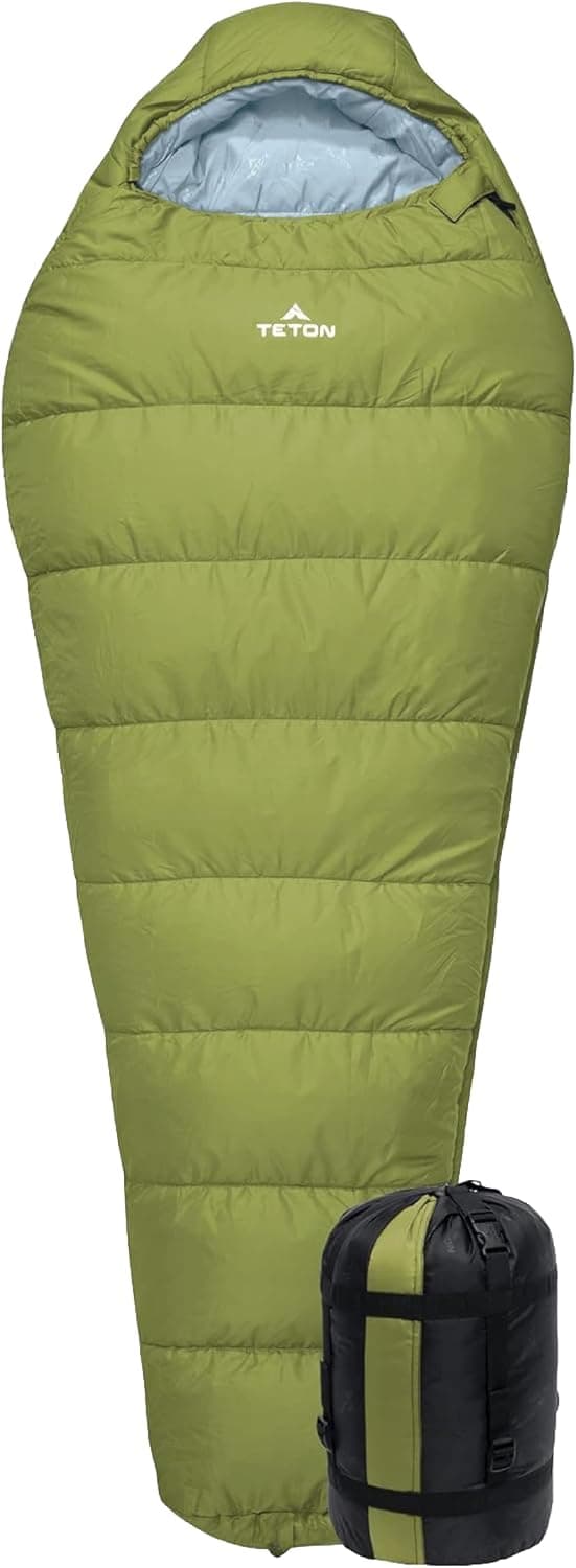 Teton LEEF Saco de dormir tipo momia liviano para acampar, hacer caminatas y hacer mochileros; Opción para clima frío, saco de compresión incluido.
