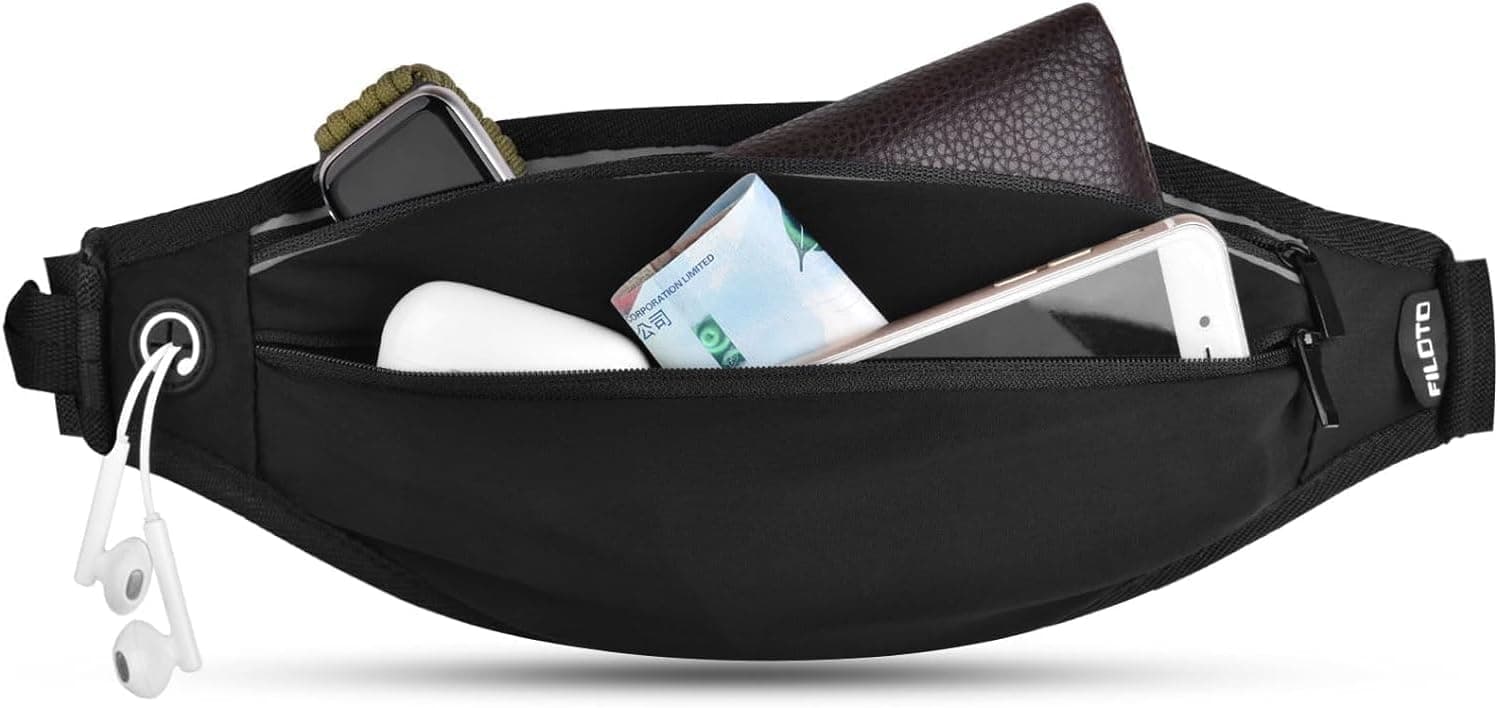 Riñonera con cinturón para correr, riñonera para correr para mujeres y hombres, patentada en EE. UU., bolsa reflectante para corredor con manos libres, cinturón, bolsa de entrenamiento para fitness, riñonera de viaje ajustable sin rebote, celda (negro)