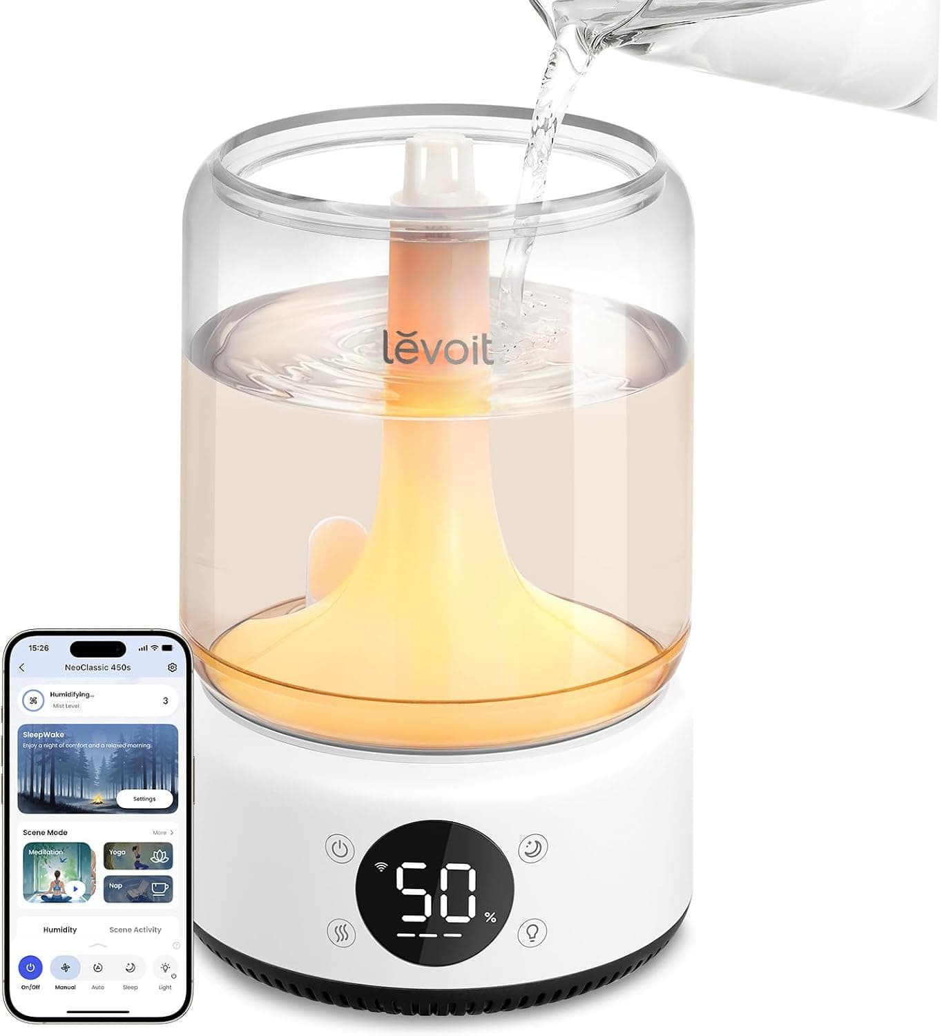 Humidificador inteligente Levoit para dormitorio, niebla fría de llenado superior de 4,2 L para habitación grande | Fácil limpieza, tiempo de ejecución 21 dB/42 H, para bebés/plantas, aplicación/control de voz, modo de escena de luz/música, NeoClassic 450S