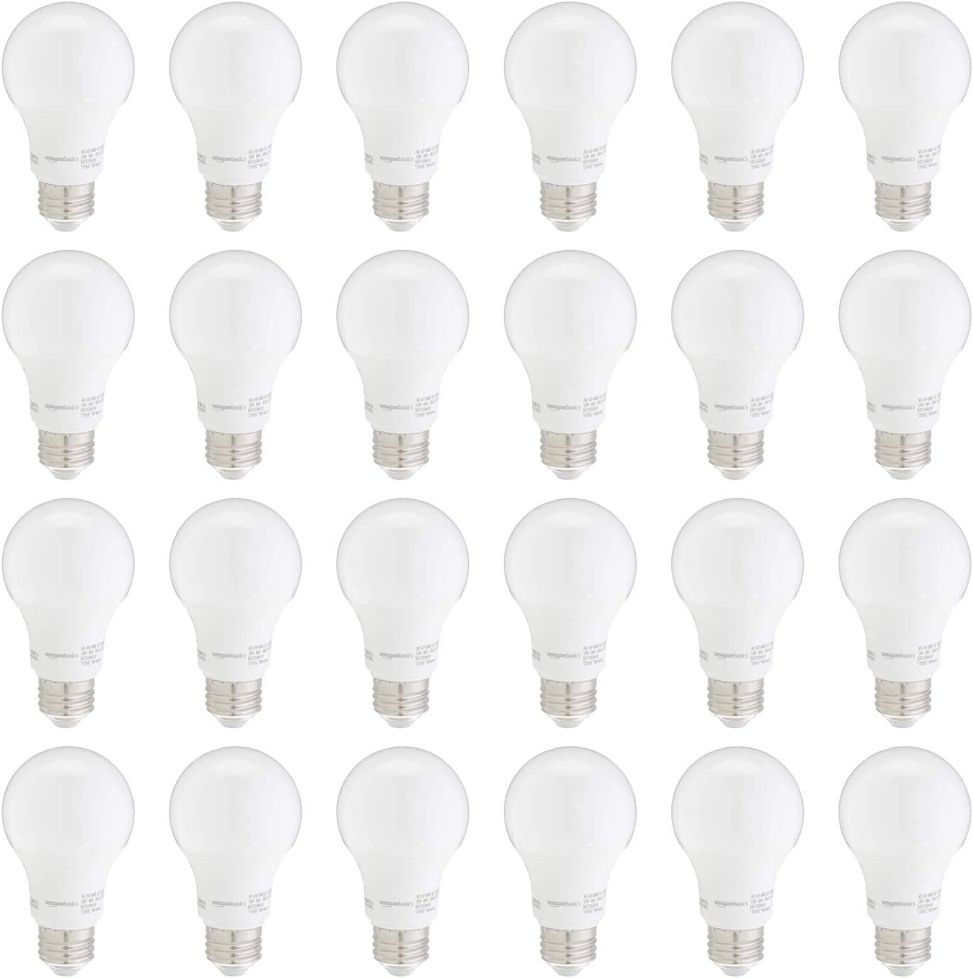 Amazon Basics Bombillas LED A19, equivalente a 60 W, luz blanca diurna 5000 K, no regulable, eficiencia energética 9 W, base E26, vida útil de 10 000 horas, paquete de 24
