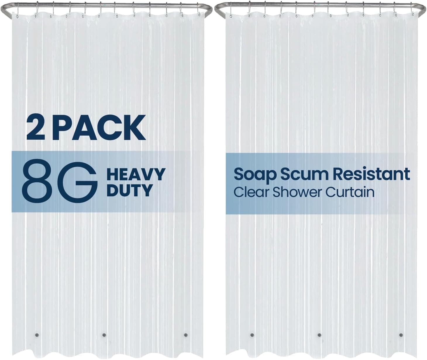 LiBa Cortina de ducha PEVA 8G, 72x72 pulgadas, transparente, paquete de 2 | Revestimiento de ducha de PEVA no tóxico, cortina de ducha de plástico impermeable, ojales inoxidables, imanes pesados, accesorios de baño