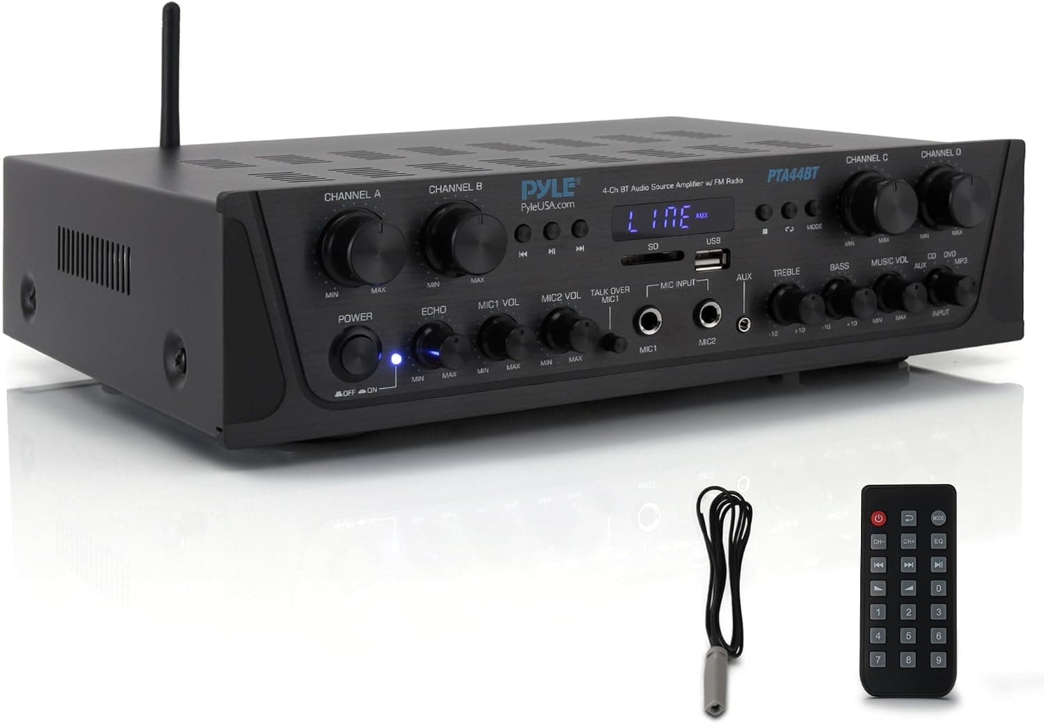 Pyle Amplificador de audio de 4 canales con Bluetooth - Receptor estéreo doméstico con potencia máxima de 500 W - Comercial o Karaoke - Entrada de micrófono dual con eco, volumen, conversación - Entrada auxiliar - Salida secundaria - Reproductor de MP3 USB-A, AM/FM