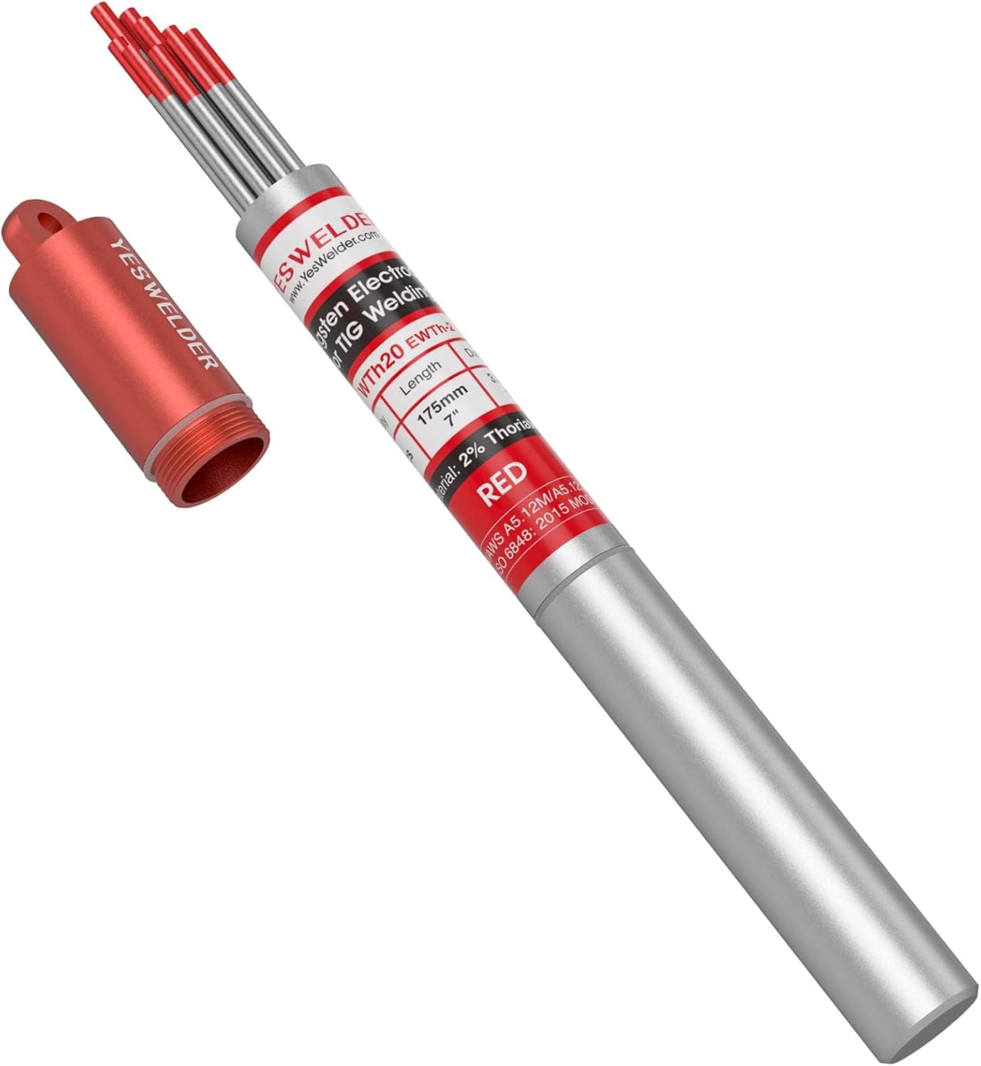 YESWELDER Electrodo de tungsteno para soldadura TIG punta roja | Paquete de 10 1/8" x 7" Rojo WT20/EWTh-2