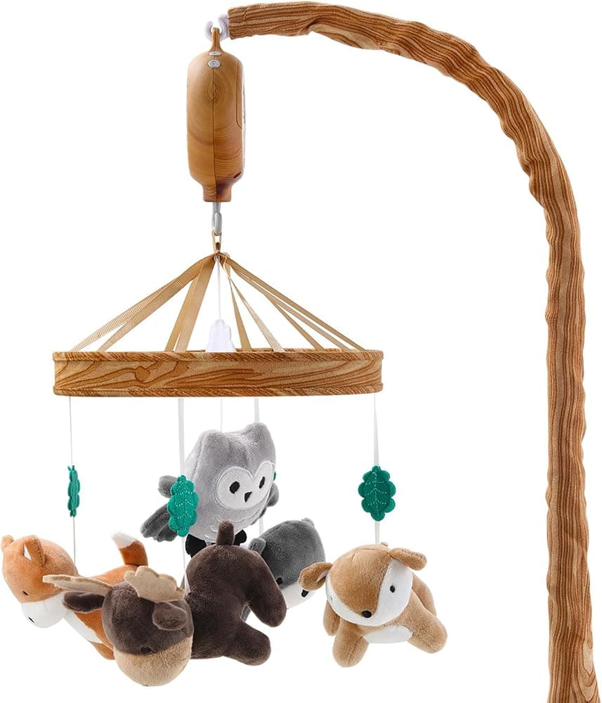 Móvil para cuna The Peanutshell para niños o niñas, móvil musical de madera veteada para cuna con 12 canciones de cuna, decoración caprichosa para guardería de Woodland Baby