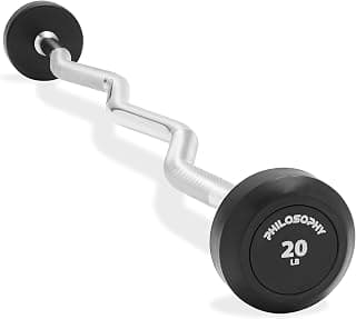 Philosophy Gym Rubber Fixed Barbell, Pre-Loaded Weight EZ Curl Bar for Strength Training & Weightlifting
