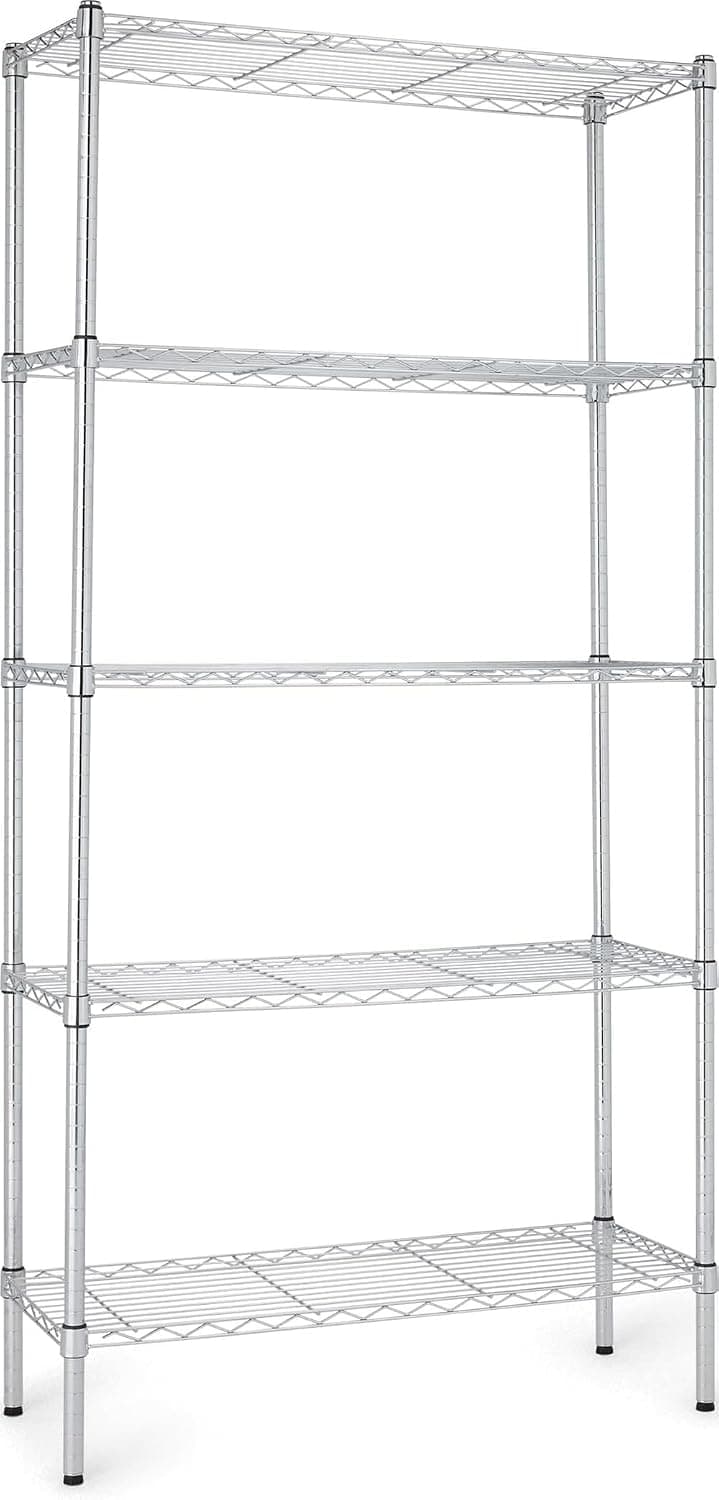 Amazon Basics Estante de alambre de acero resistente ajustable con 5 estantes, organizador de almacenamiento para ahorrar espacio para cocina, garaje, montaje sin herramientas, capacidad de peso de 350 libras, 36" x 14" x 72", cromado