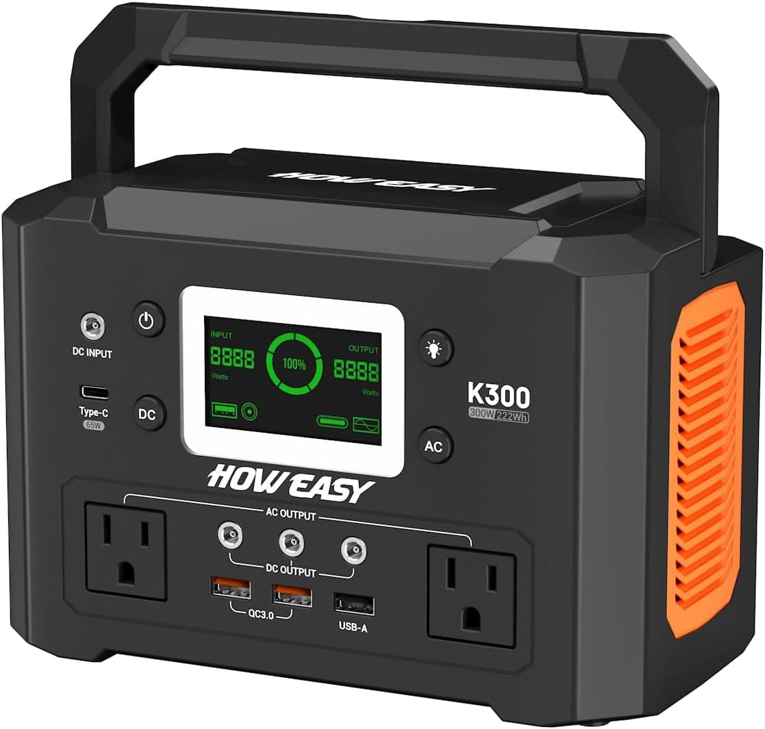 HOWEASY Central eléctrica portátil 300W, Generador solar 222Wh | Salida de CA de onda sinusoidal pura de 110 V y carga rápida USB-C de 65 W para camping, CPAP, emergencia en el hogar, viajes (panel solar no incluido)