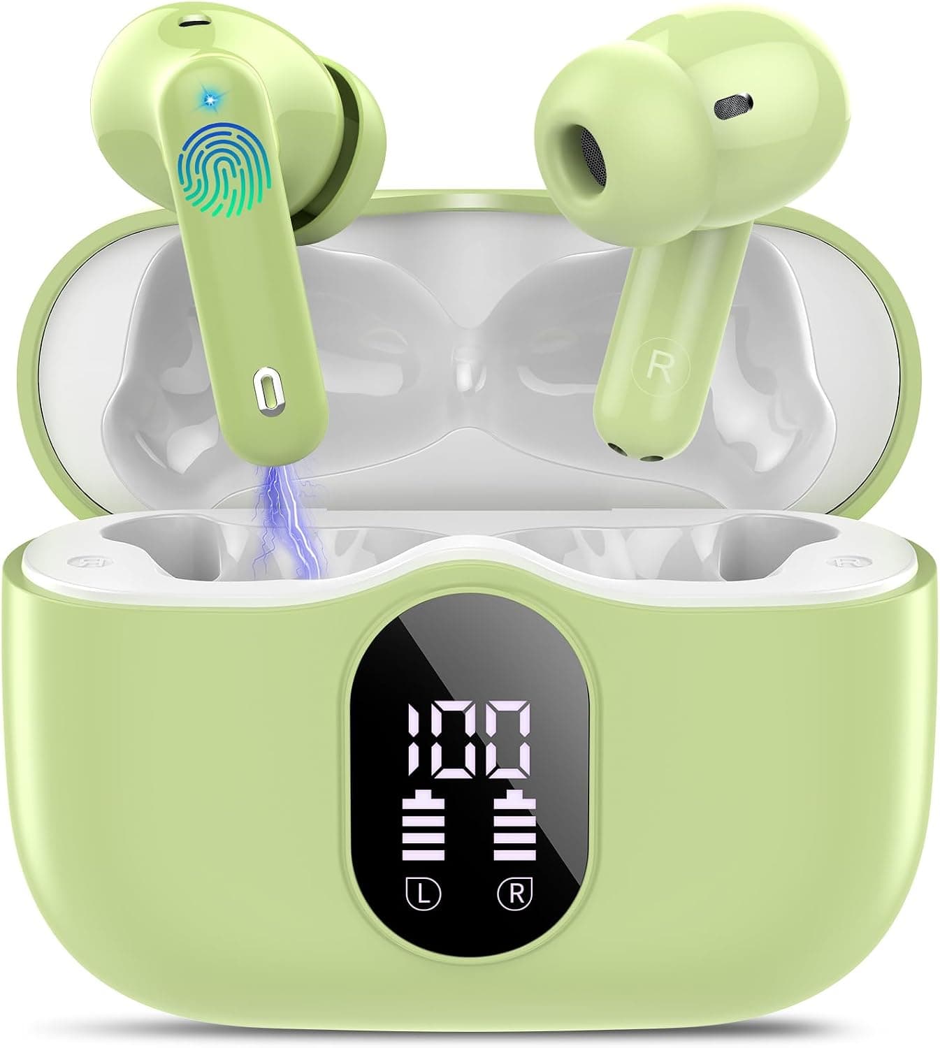 Auriculares inalámbricos, auriculares Bluetooth 5.4 estéreo de graves, auriculares con micrófono con cancelación de ruido, auriculares intrauditivos impermeables IP7, auriculares Bluetooth con pantalla LED 36H para teléfonos portátiles, deportes, verde hierba | Auriculares con micrófono con cancelación de ruido, pantalla LED, 36H, IP7, resistentes al agua, para ordenador portátil, teléfonos, deportes y entrenamiento
