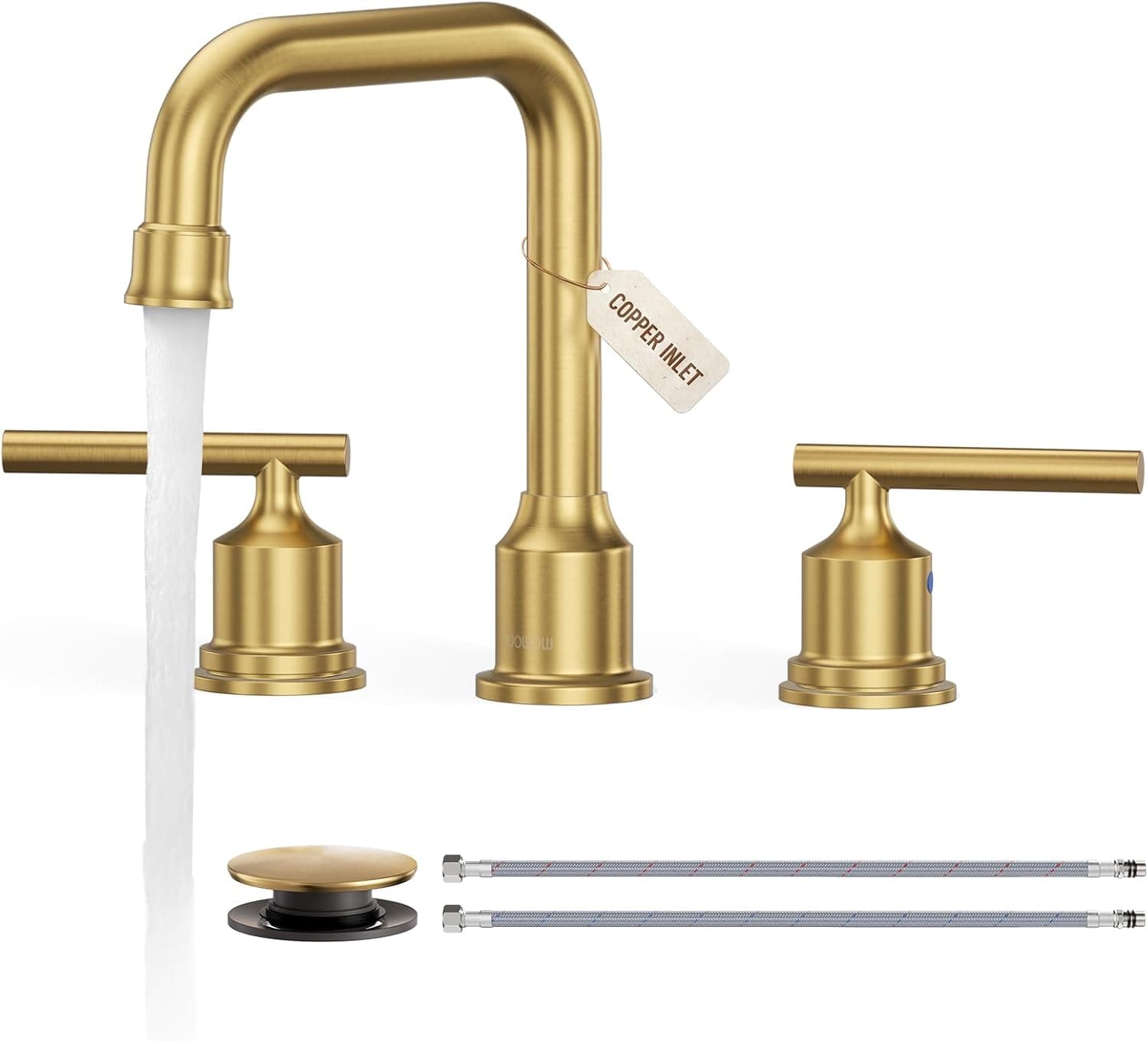 WOWOW Grifo de baño dorado de 3 orificios, grifos de lavabo de tocador generalizados de 8 pulgadas | Grifo de oro cepillado con entrada de cobre para lavabo de baño con caño giratorio, grifo de lavabo de 2 asas con drenaje y línea de suministro cUPC