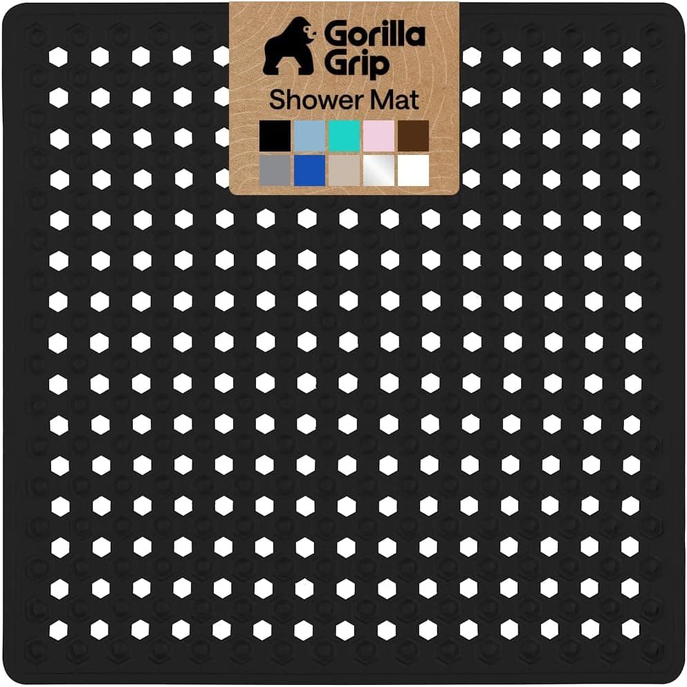 GORILLA GRIP Alfombrilla cuadrada patentada para ducha, alfombrillas pequeñas para bañera para duchas de pie, ventosas y agujeros de drenaje, lavable a máquina, suave para los pies, accesorios de baño de 21 x 21 pulgadas, negro opaco