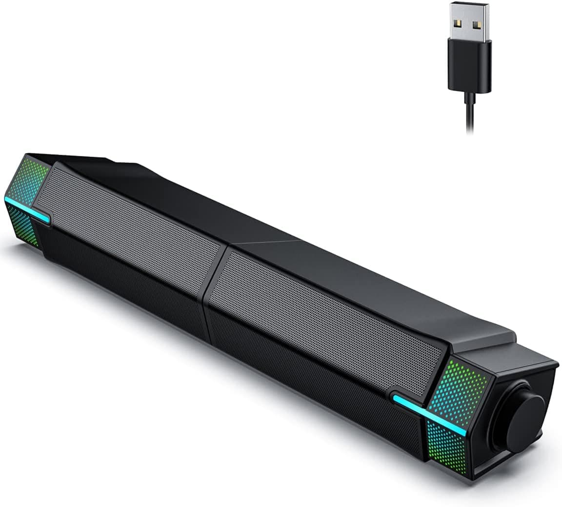 Jeecoo M20 Altavoces Bluetooth para computadora para monitor de escritorio de PC, barra de sonido para PC para juegos - Alimentado por USB con cable, excelente sonido estéreo, con iluminación RGB degradada - Combinar/separar para personalizar su escritorio | Barra de sonido para PC para juegos, alimentada por USB con cable y altavoz con iluminación RGB degradada, combina/separa tu escritorio