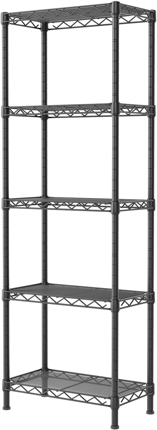 SINGAYE Estantes de metal Estantería de alambre Estantería ajustable de pie | Estante de malla de 5 niveles para cocina, lavandería, baño, organizador de armario, despensa, estante estrecho para el hogar, 10" de profundidad x 16" de ancho x 55" de alto, negro