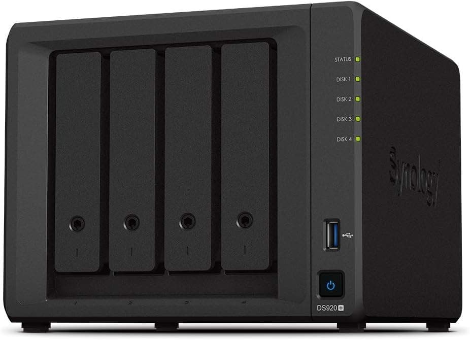Synology 4 bahías NAS DiskStation DS920 + (sin disco), 4 bahías; 4 GB DDR4
