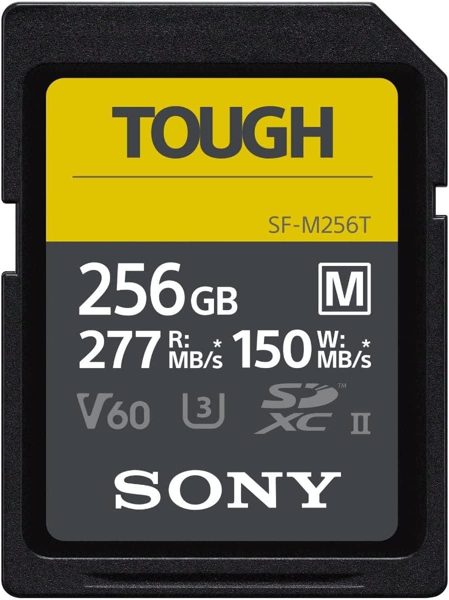 Sony TOUGH-M series SDXC UHS-II Card 256GB, V60, CL10, U3, Max R277MB/S, W150MB/S (SF-M256T/T1), Black | Up to 277MB/s read, Up to 150MB/s write, UHS-II, V60, U3, Water-resistant design