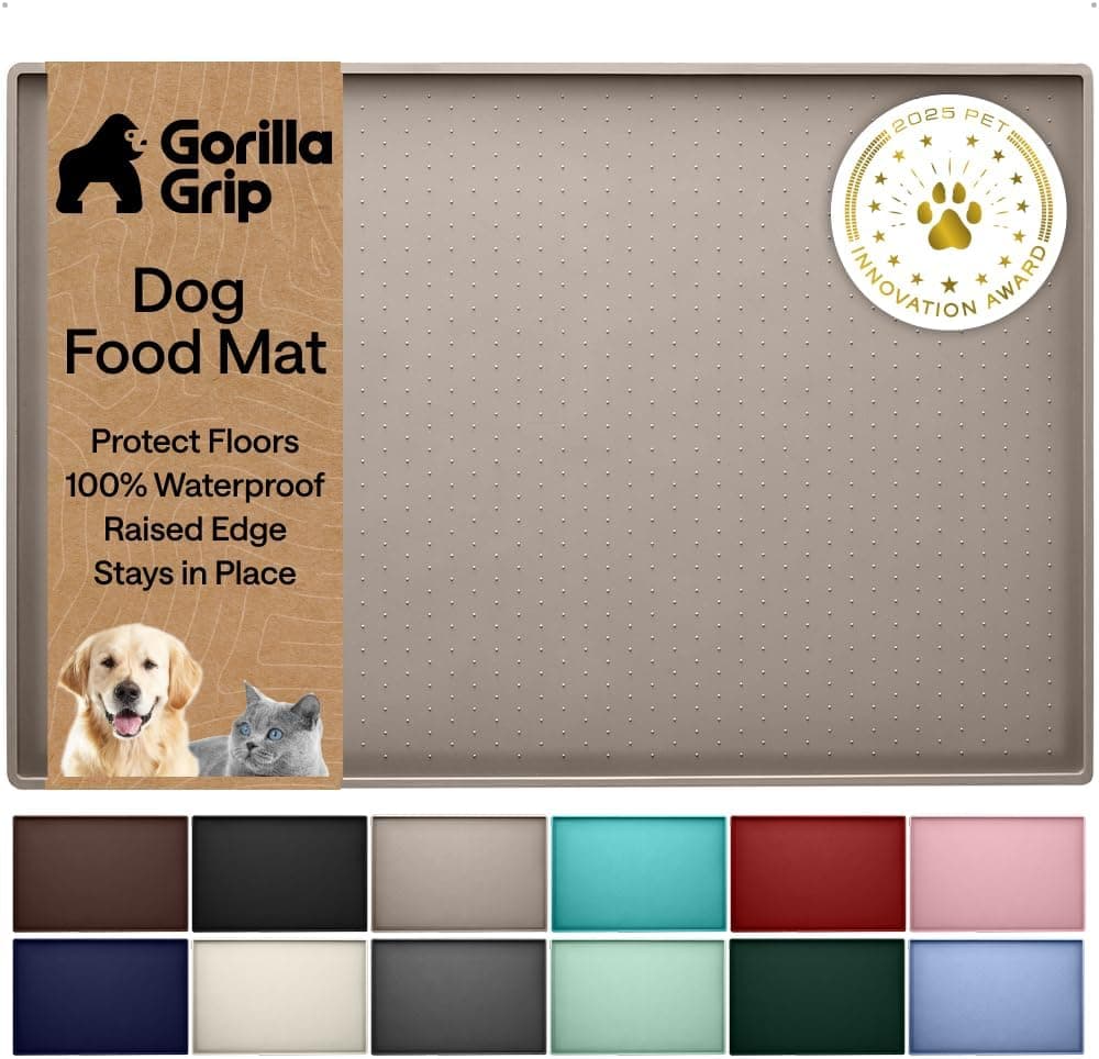 GORILLA GRIP Tapete de alimentación para mascotas de silicona 100% impermeable con borde elevado sin BPA, tapetes para comida para perros y gatos que contienen derrames, protege los pisos, manteles individuales para gatos y perros, cuenco de agua, accesorios para mascotas 18.5x11.5 Beige