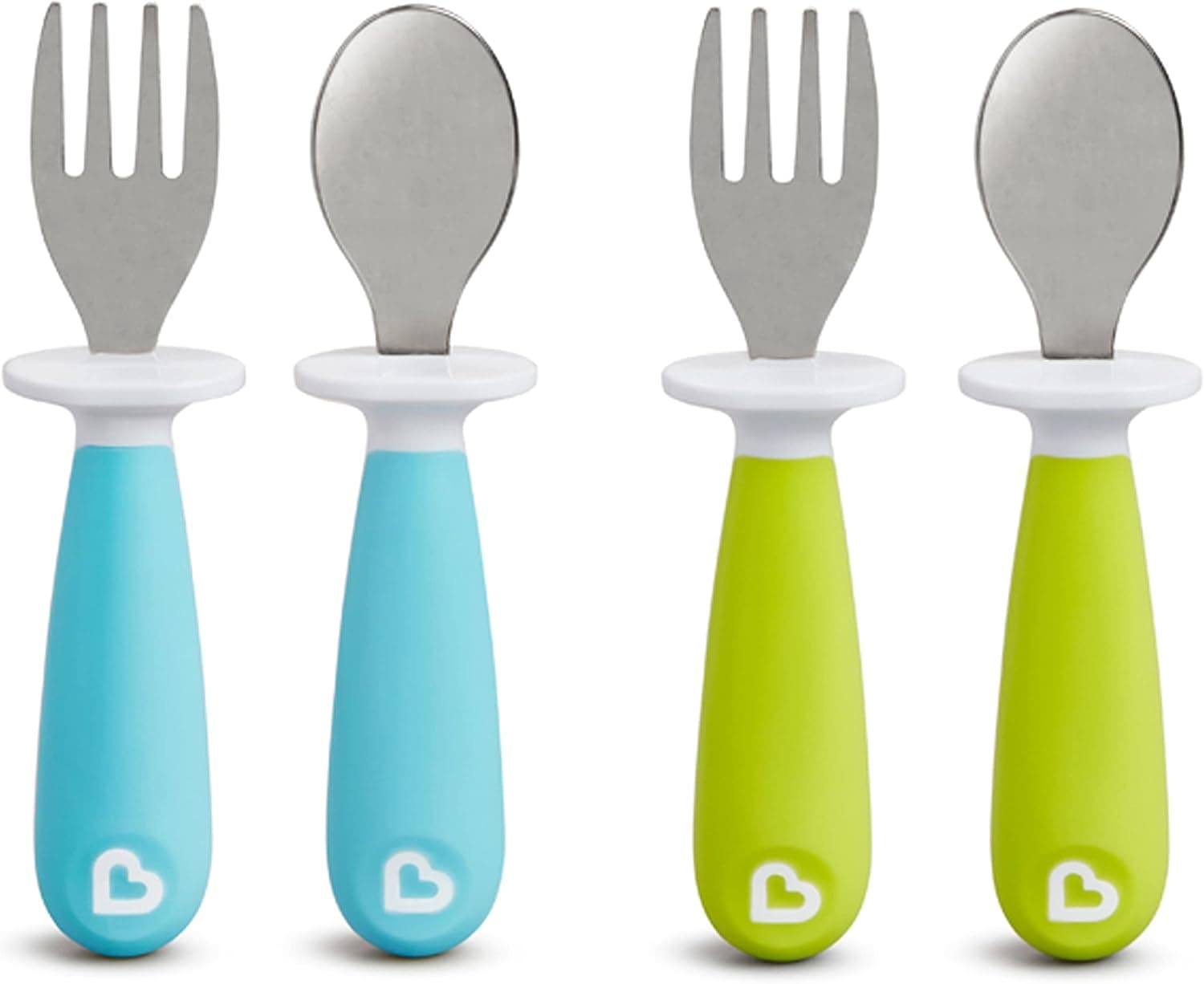 Juego de utensilios y tenedor para niños pequeños Munchkin® Raise™, el resto mantiene la punta fuera de la mesa, sin BPA, paquete de 4, azul/verde