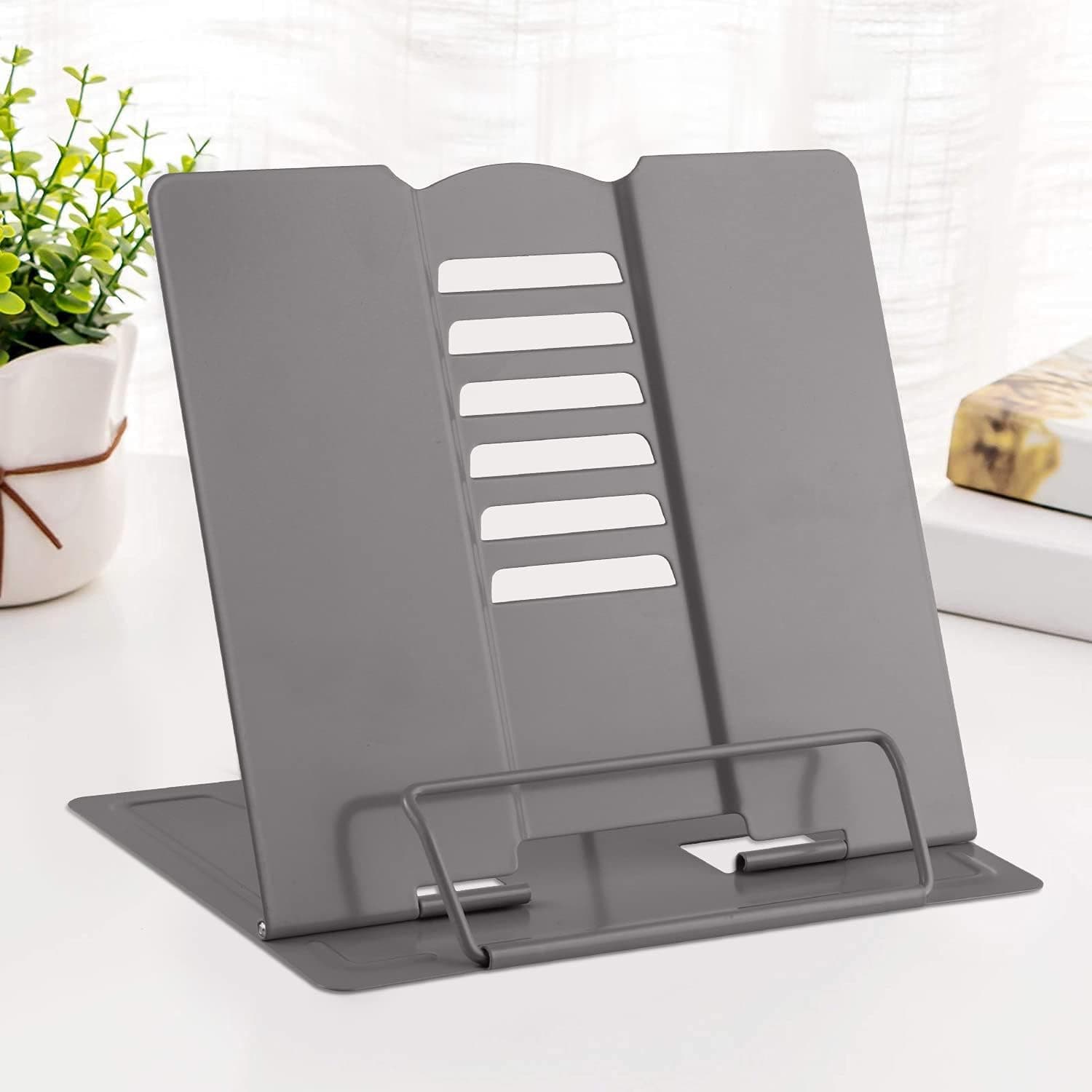 MSDADA Soporte para libros de escritorio Soporte para libros de lectura de metal Soporte ajustable en ángulo | Portadocumentos portátil, resistente, ligero, libros de texto, tabletas, libros de música, recetas de cocina (gris)