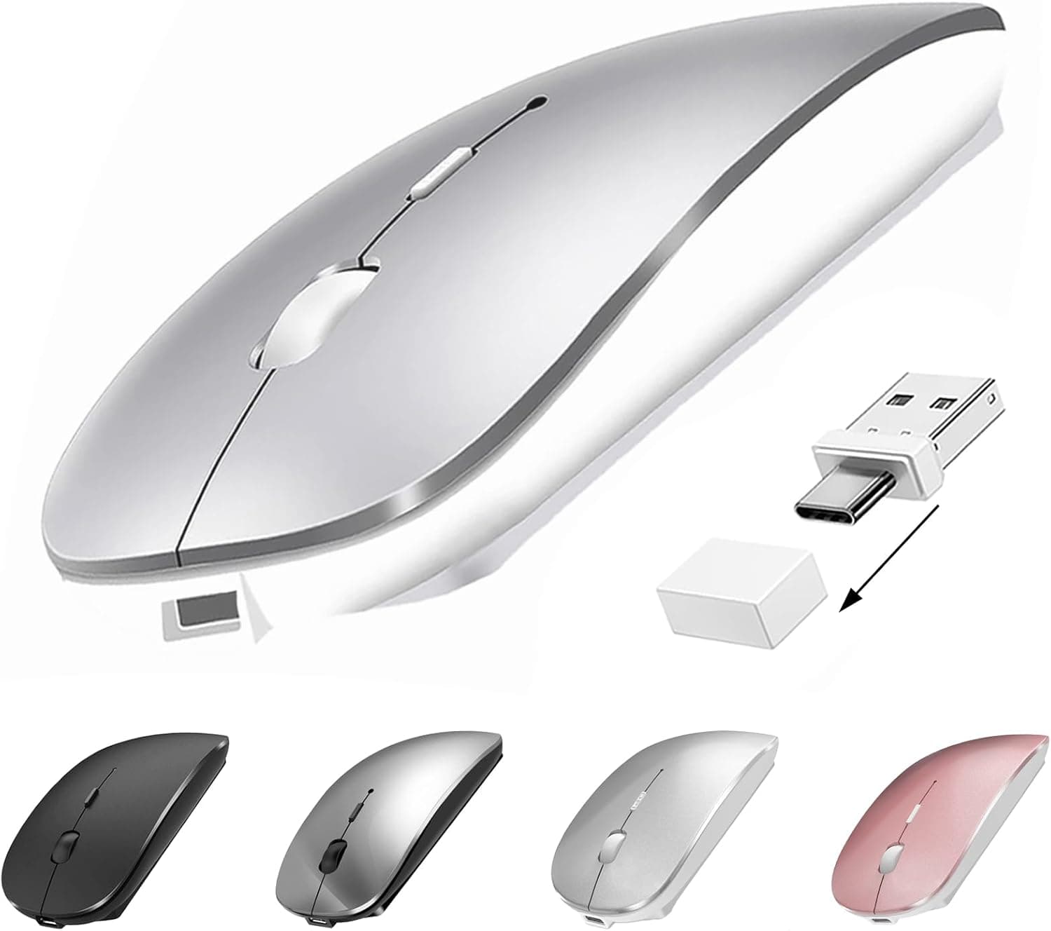 Bluetooth Wireless Mouse USB C for MacBook Air Pro iMac Laptop Desktop Computer, Wireless Rechargeable Silent C Mouse for Mac Desktop/iPad/Surface Pro (BT5.2/3.0, 2.4G USB A, Type-C Receiver)