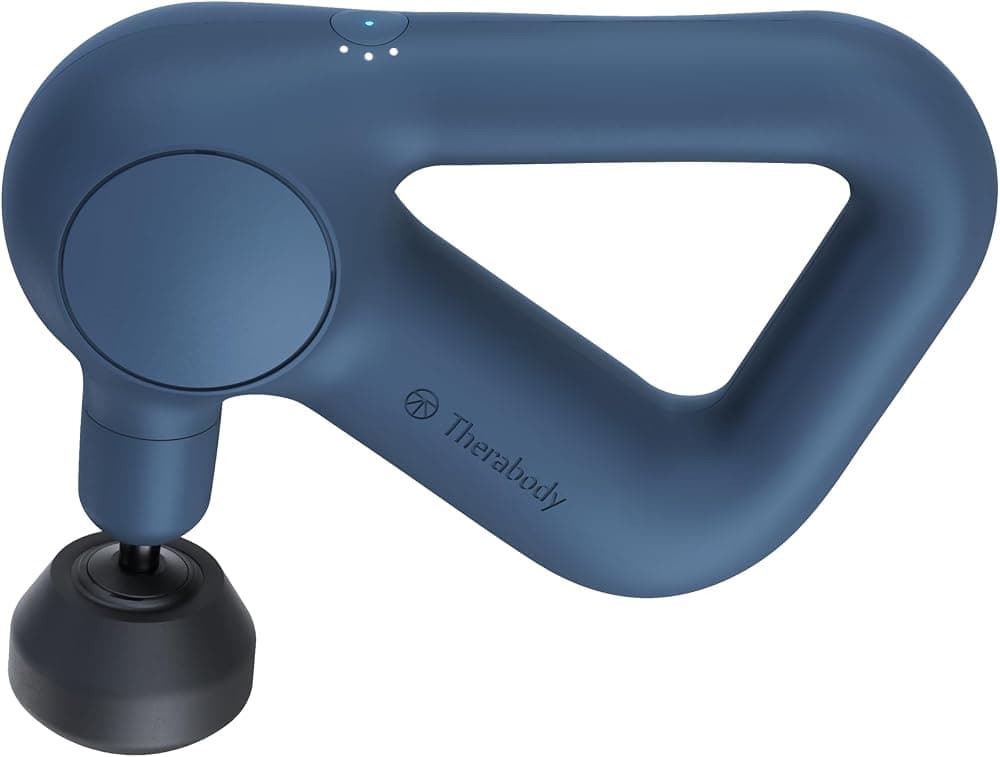 Pistola de masaje TheraGun Therabody Relief | Comodidad diaria | 3 velocidades | Azul marino | Masajeador muscular de percusión de mano silencioso para aliviar el dolor de espalda, piernas y hombros. Ligero, fácil de usar, agarre ergonómico