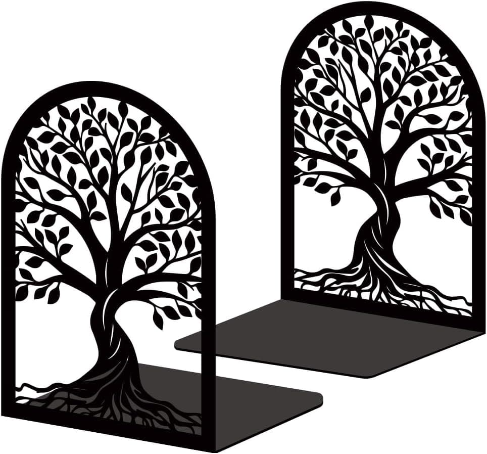 Sujetalibros decorativos para estantes, sujetalibros para libros pesados, sujetalibros de metal de árboles negros para organizador de escritorio, decoración de biblioteca de oficina, libros decorativos para decoración del hogar