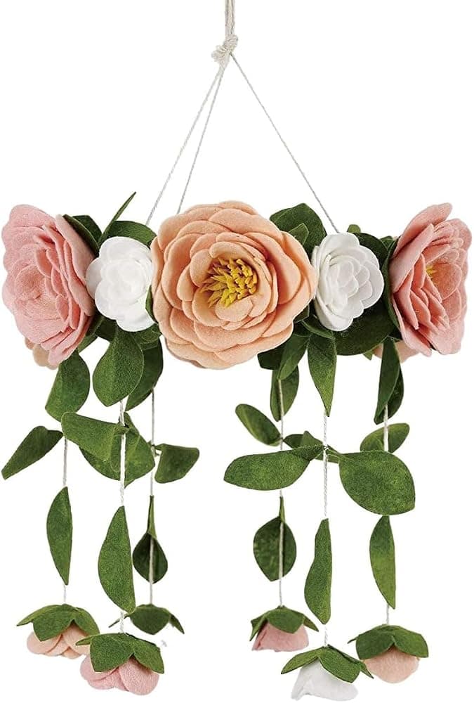 Móvil para cuna de bebé – Móvil colgante de madera para cuna, decoración floral hecha a mano para guardería para niñas, regalo perfecto para la ducha (rosa de fieltro) También se adapta a moisés, acedera + helecho