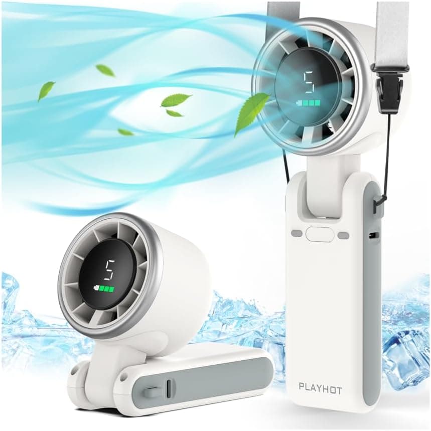 PlayHot Ventilador turbo portátil de mano, elementos esenciales de viaje, regalos para mujeres/hombres | 5 velocidades, hasta 12 h, flujo de aire de 10 m/s, recargable por USB-C, pantalla LED, ventilador personal plegable 3 en 1 para crucero, playa, vacaciones