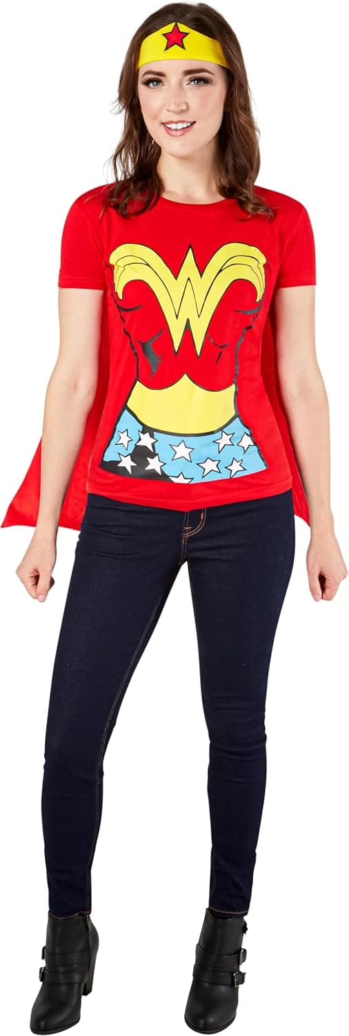 Rubies at Party City DC Comics: Wonder Woman Costume T-Shirt With Cape And Headband for Adults