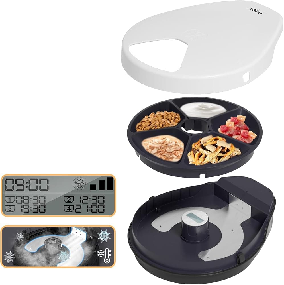 Cat Wet Food Automatic Feeder with Cooling, Semiconductor Refrigeration, with Timer, 5 Food Compartments for 330g Pet Food Each, Premium Meal Plates, Washable, for Cats (UBPET)
