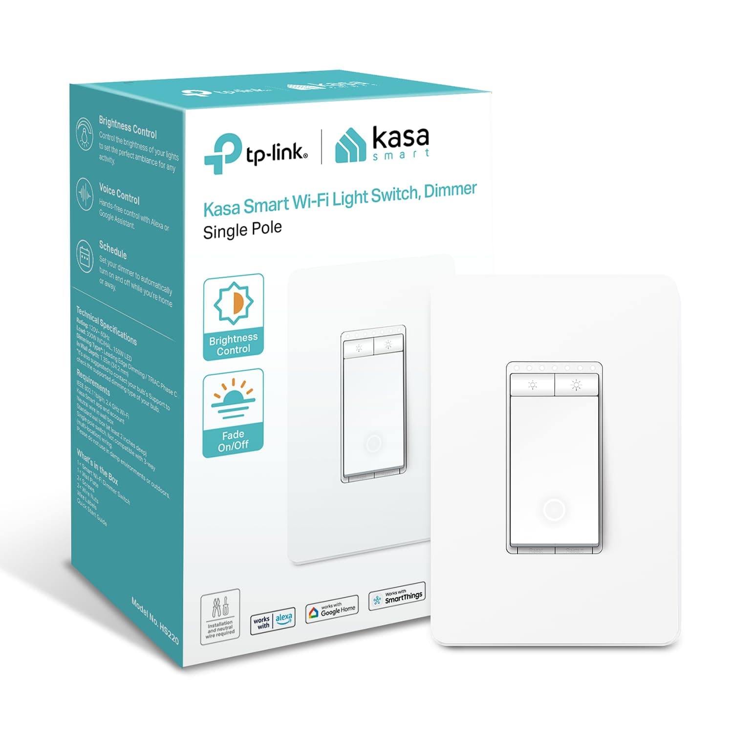Kasa Smart Dimmer Switch HS220, Single Pole, Needs Neutral Wire